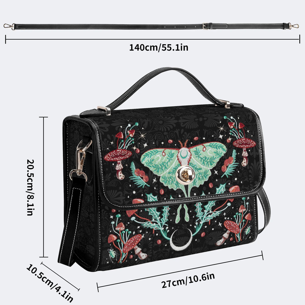 Green Moth In Mushroom Bush - Leather Satchel Bag