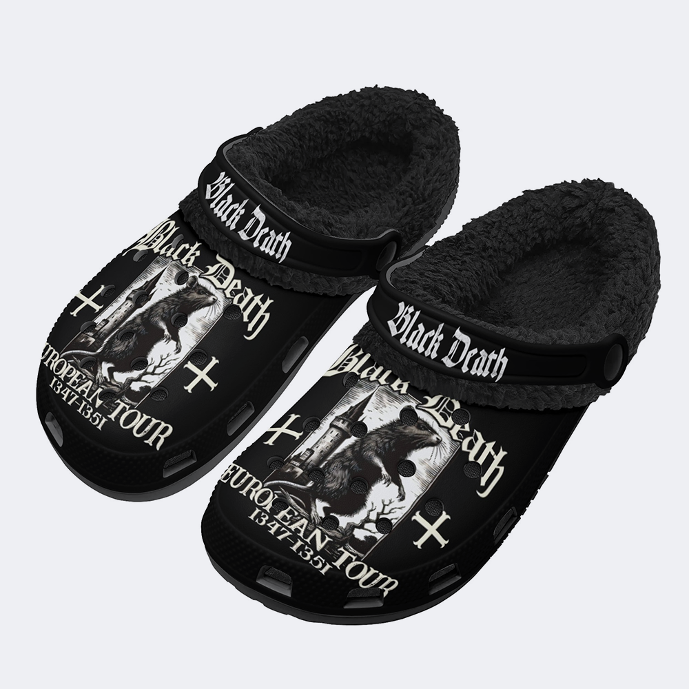 Black Death Print - Fur Lined Slippers/Sandals