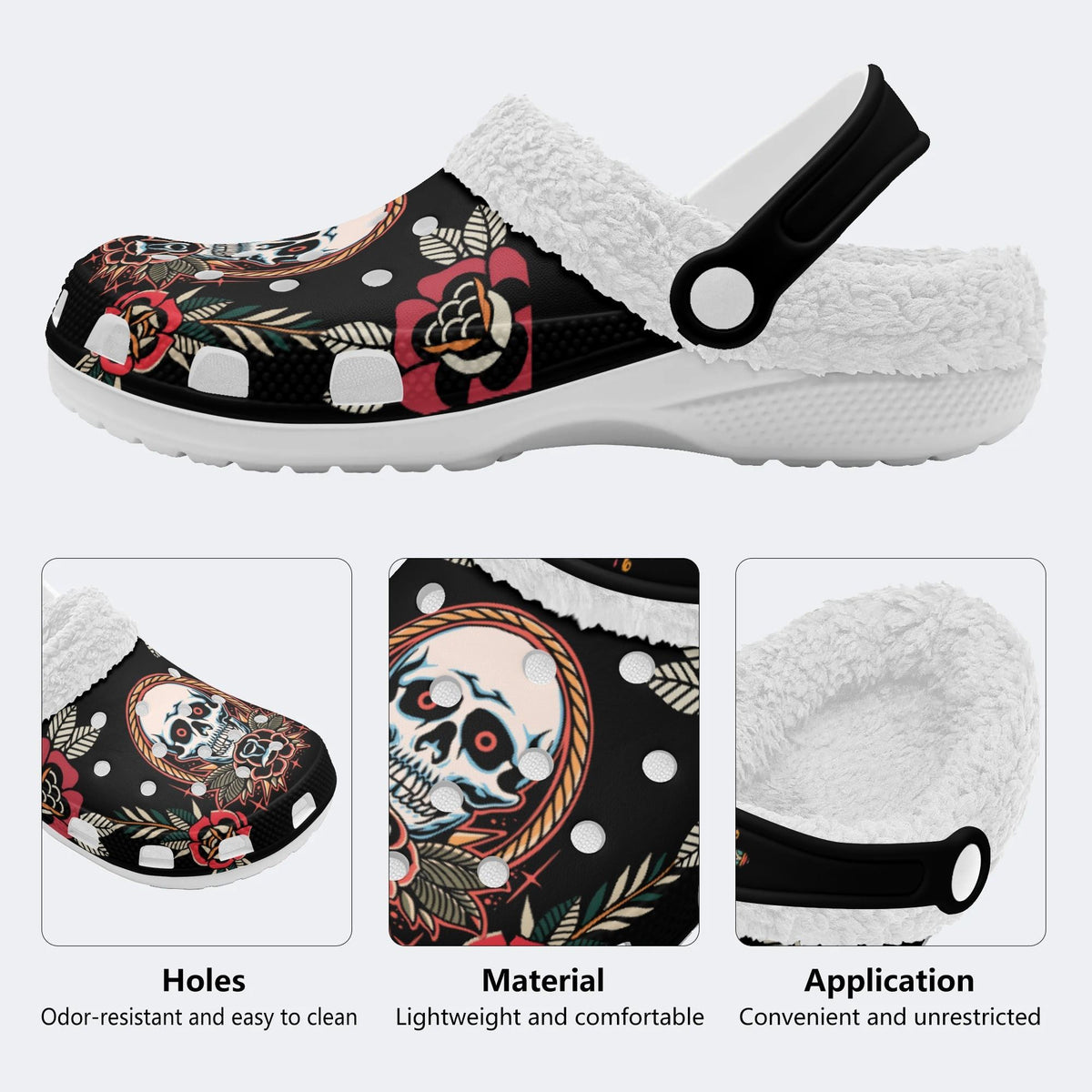 Horror Flower Skull Print - Fur Lined Slippers/Sandals