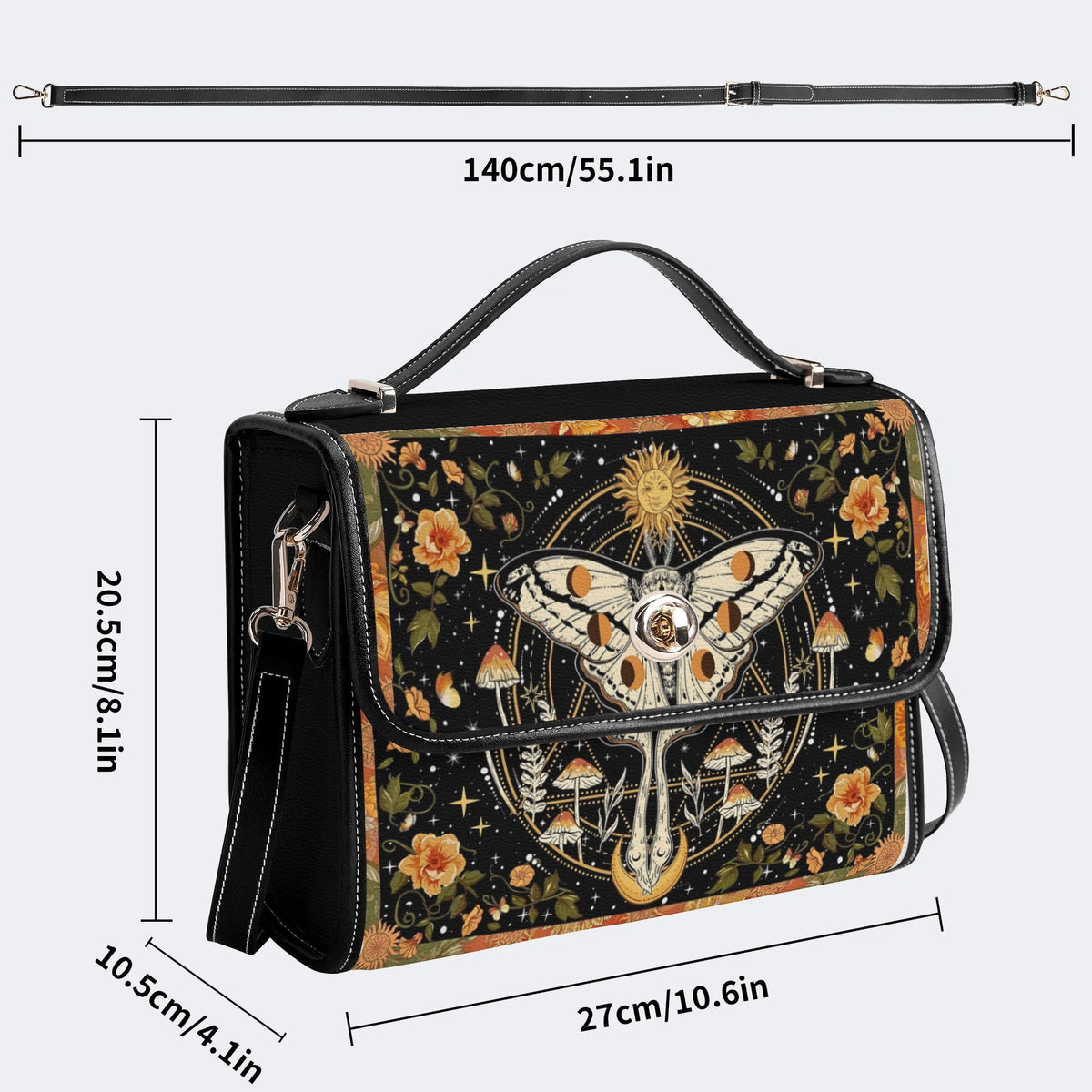 Retro Bohemian Sun Moon Star Moth - Leather Satchel Bag