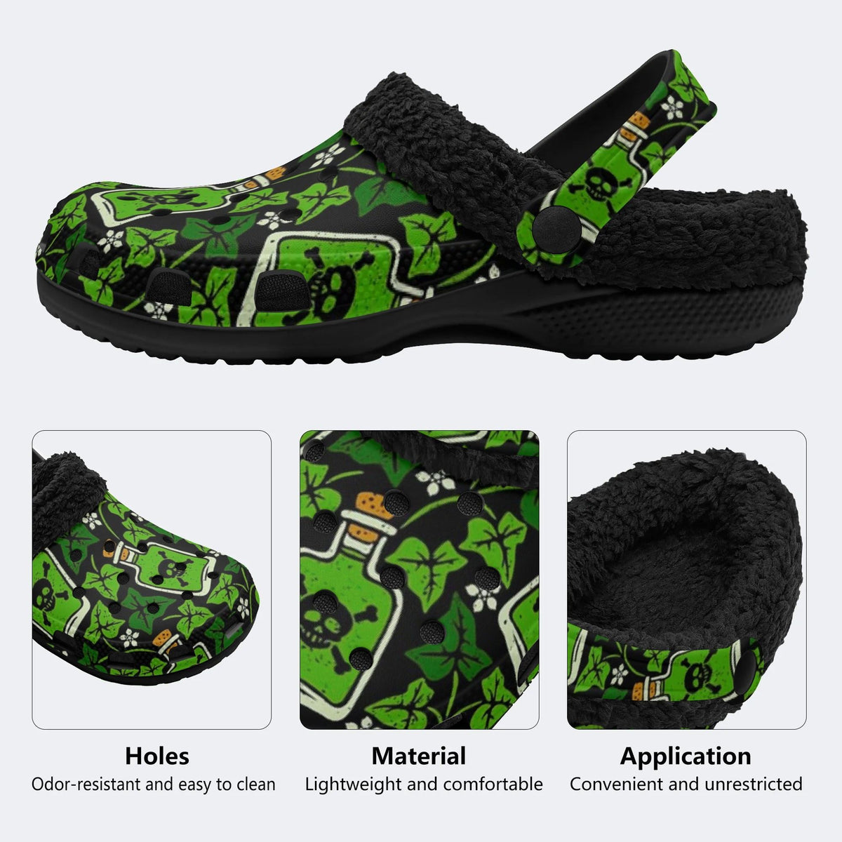 Spooky Poison Vial Skull‑Fur Lined Slippers Sandals