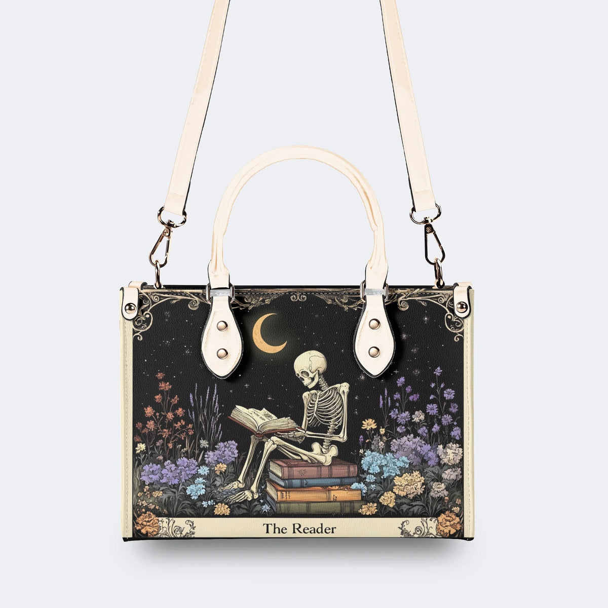 Skeleton Reading A Book Among Flowers - Leather Handbag