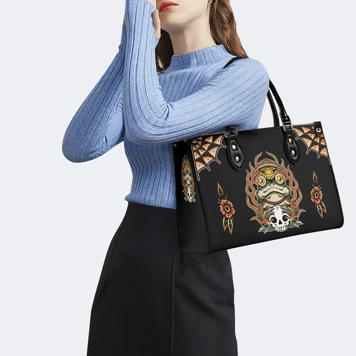 Japanese Style Frog Print - Leather Handbag