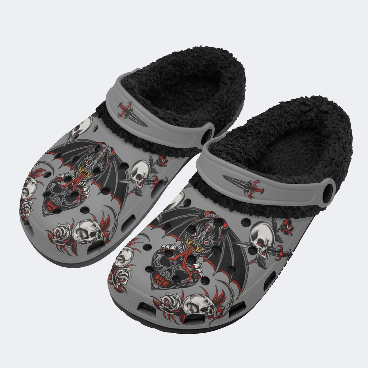 Horror Bat Skull Print - Fur Lined Slippers/Sandals