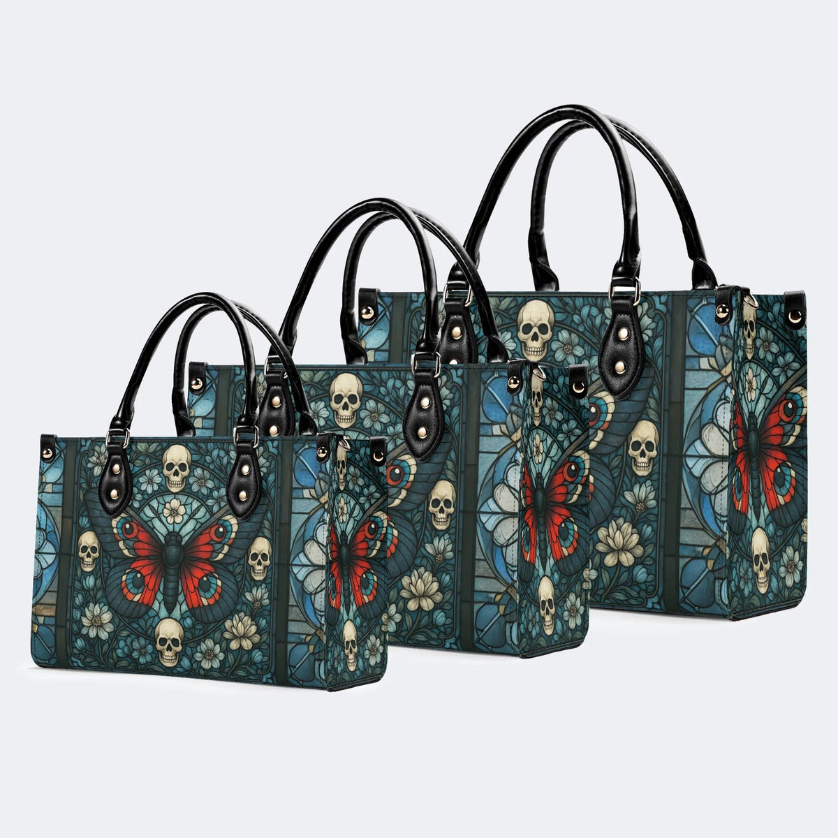 Vintage Moth And Skull Print - Leather Handbag