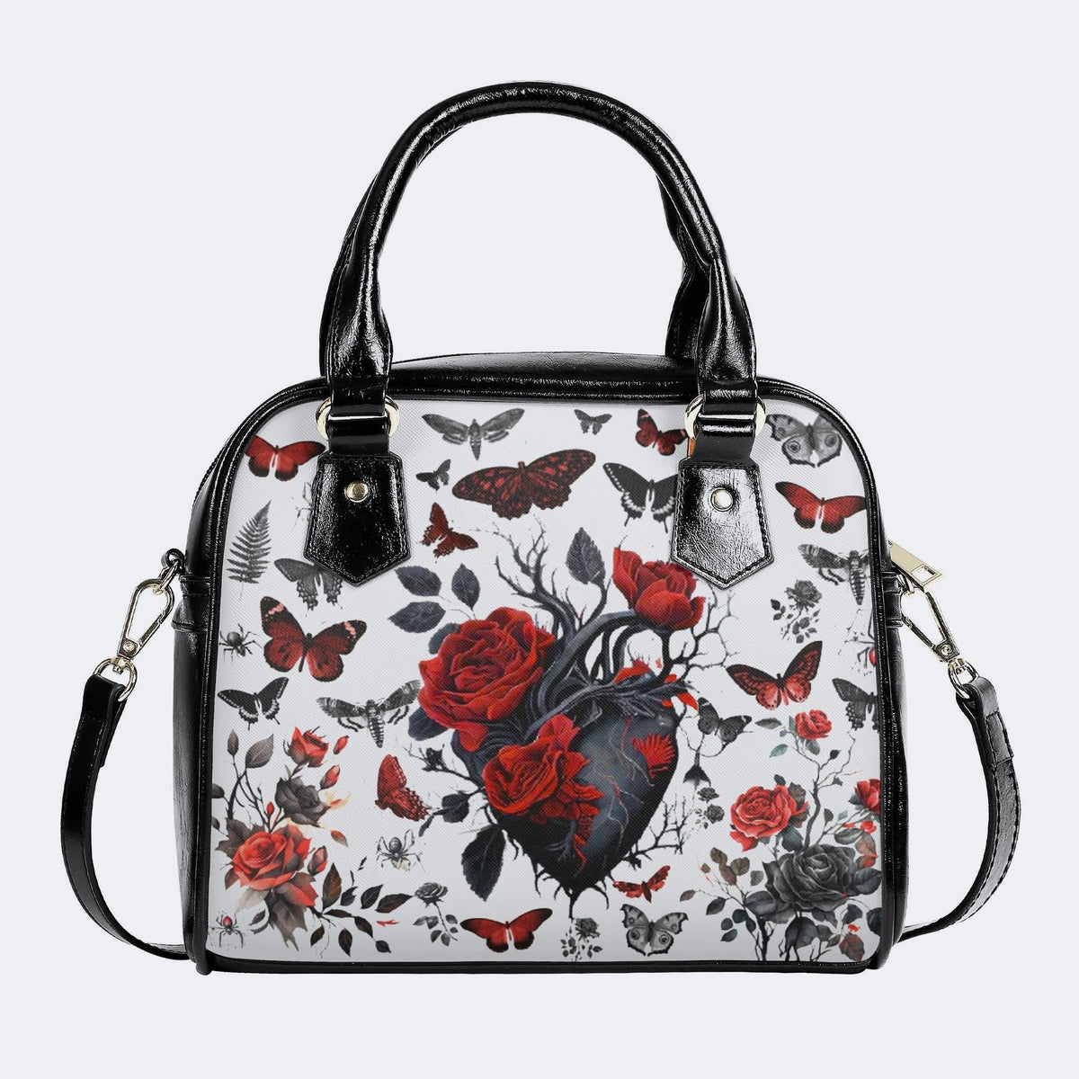 Heart Rose Butterfly Print - Leather Shoulder Handbag
