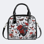 Heart Rose Butterfly Print - Leather Shoulder Handbag