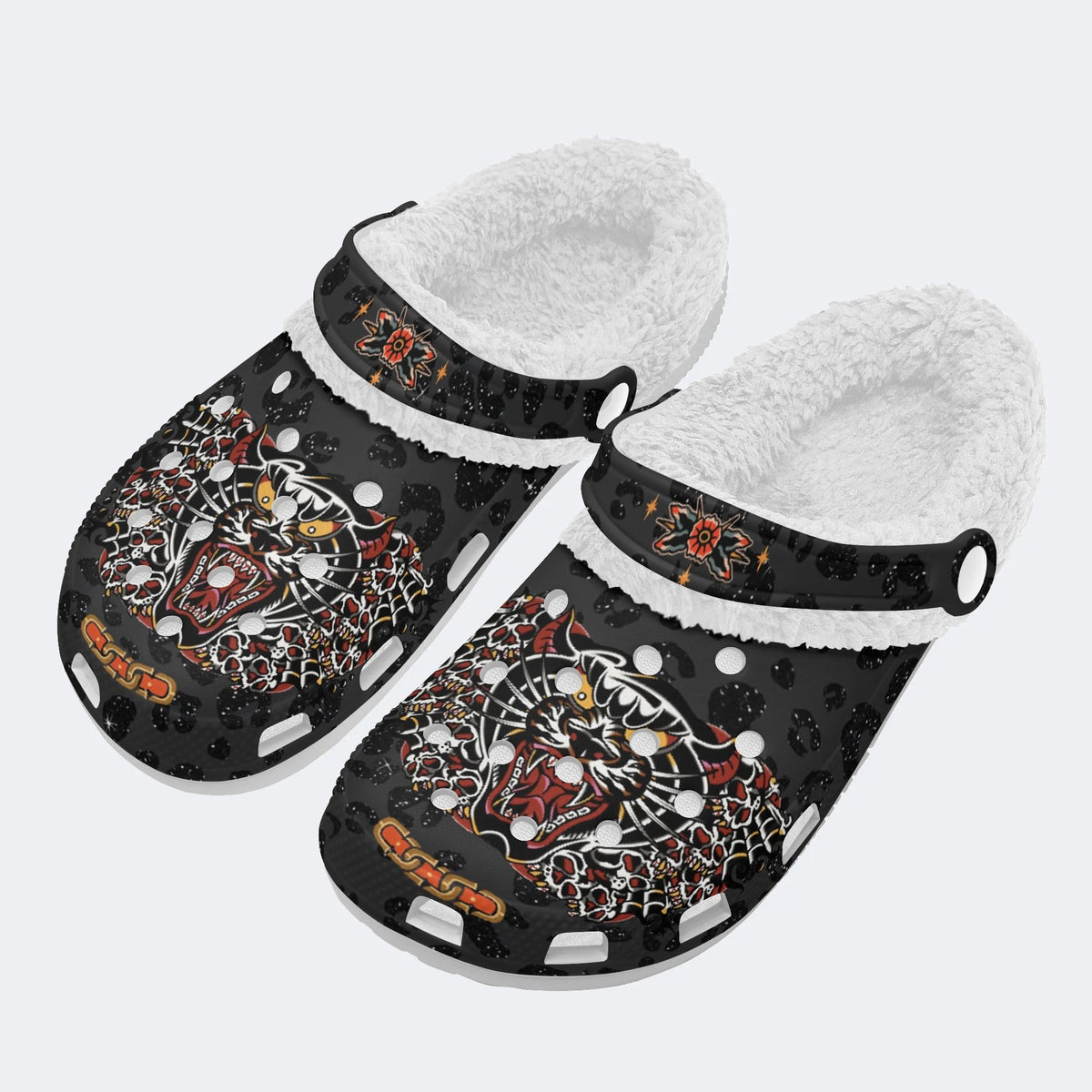 Classic Panther & Skull Print - Fur Lined Slippers/Sandals