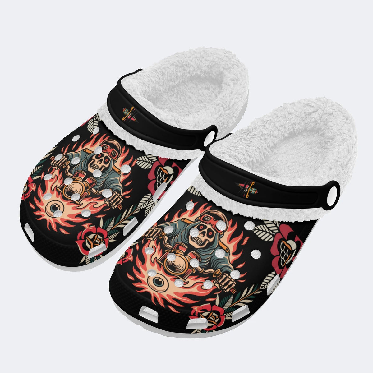 Skull Biker Print - Fur Lined Slippers/Sandals