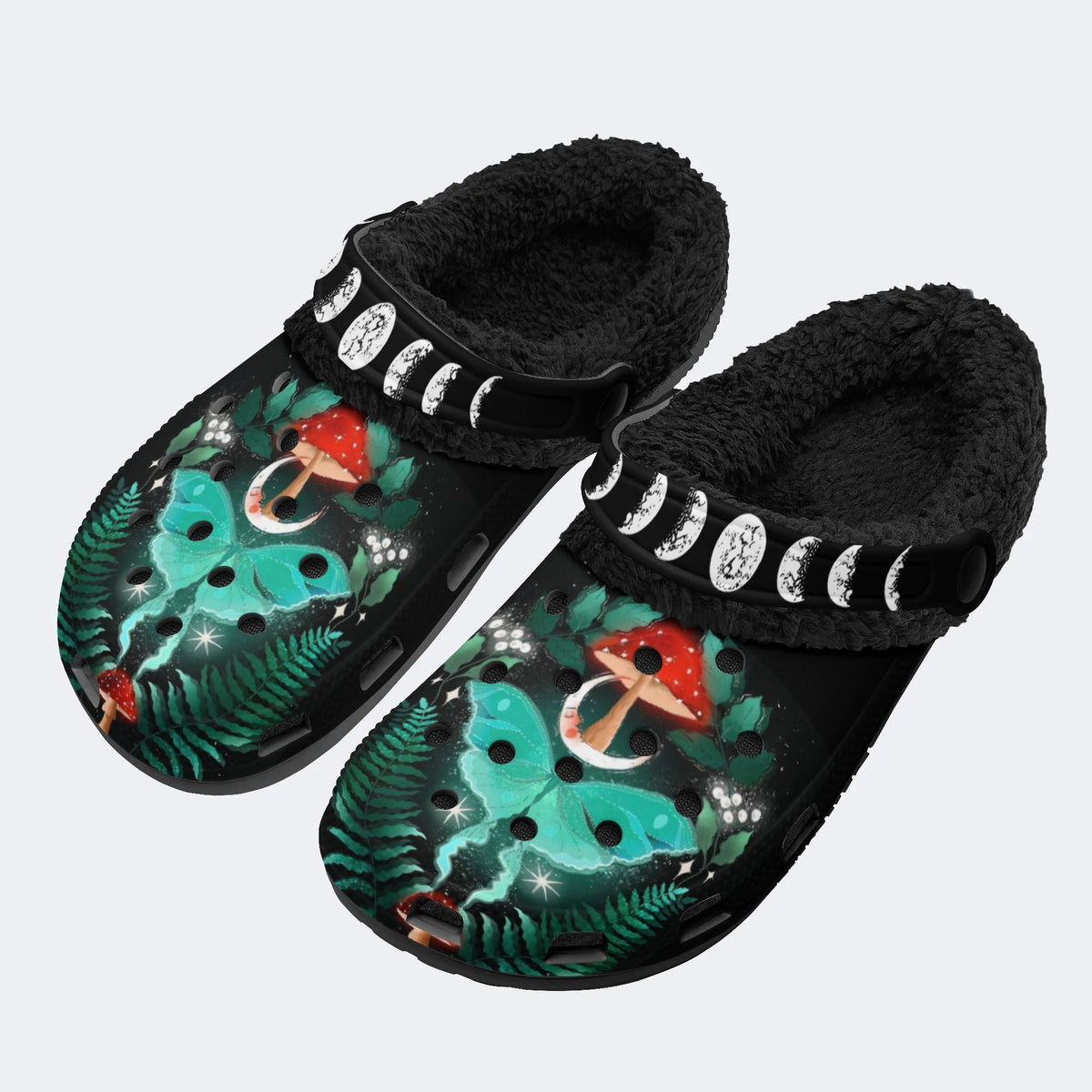 Night Sky Mushroom Butterfly Print - Removable Fur Lined Slippers/Sandals