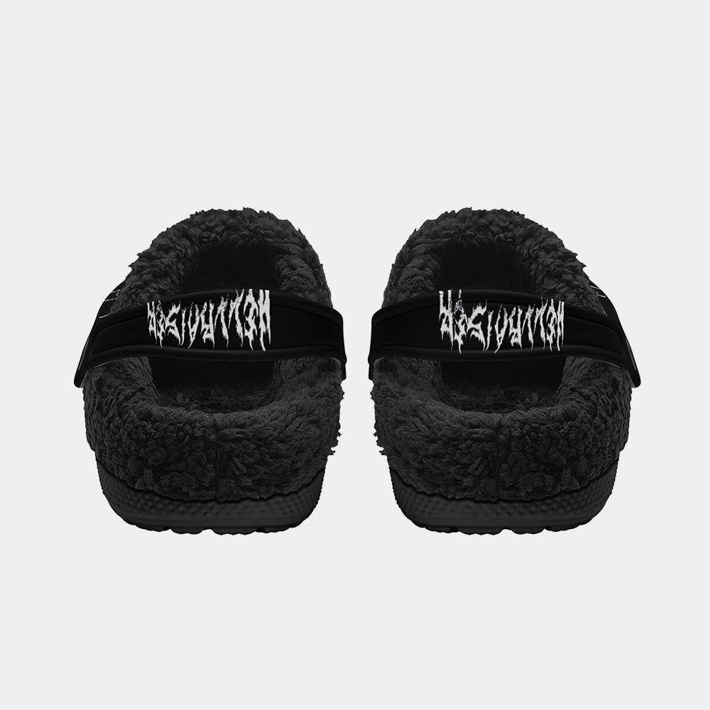 Unisex Black Metal Pinhead Print - Fur Lined Slippers/Sandals