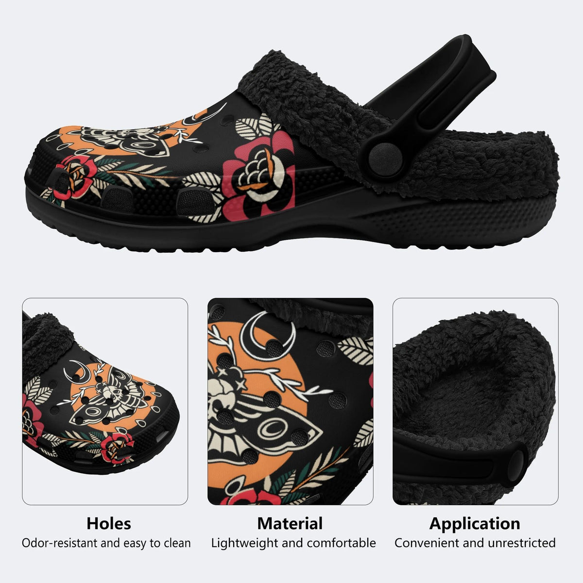 Personalized Name Death Moth Vintage Print - Fur Lined Slippers/Sandals