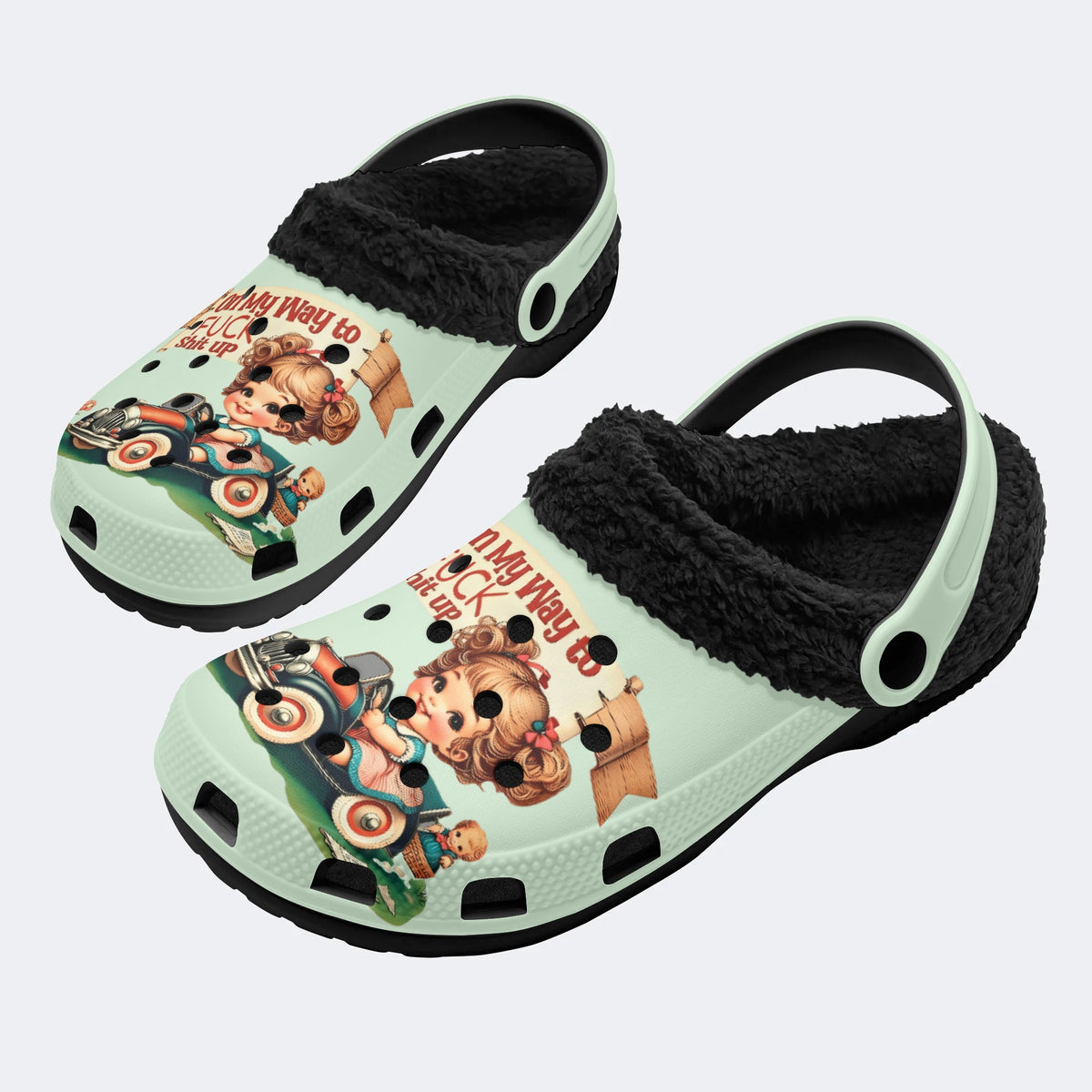 Vintage Girls Printed- Fur Lined Slippers/Sandals