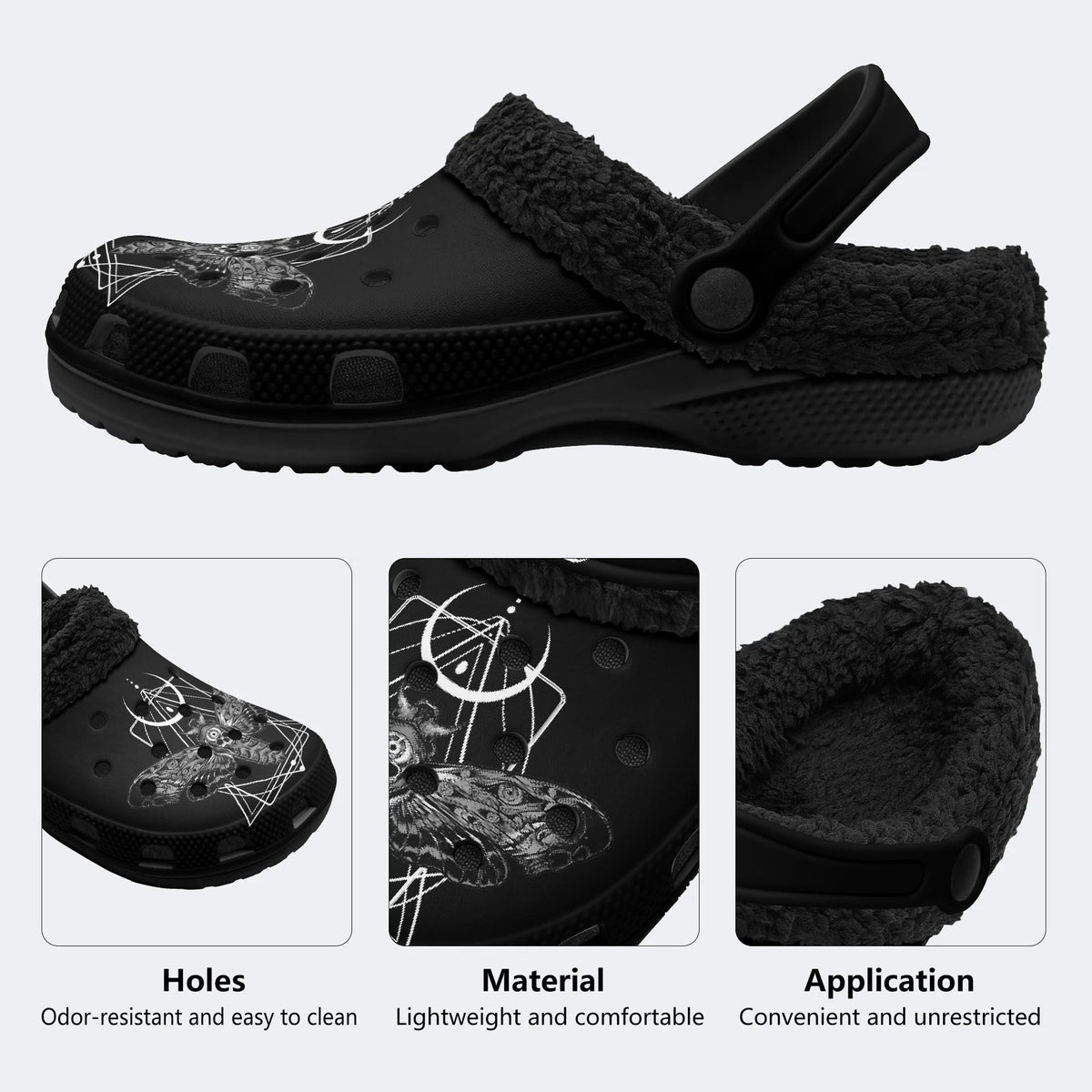 Gothic Death Moth Occult Crescent Moon - Fur Lined Slippers/Sandals