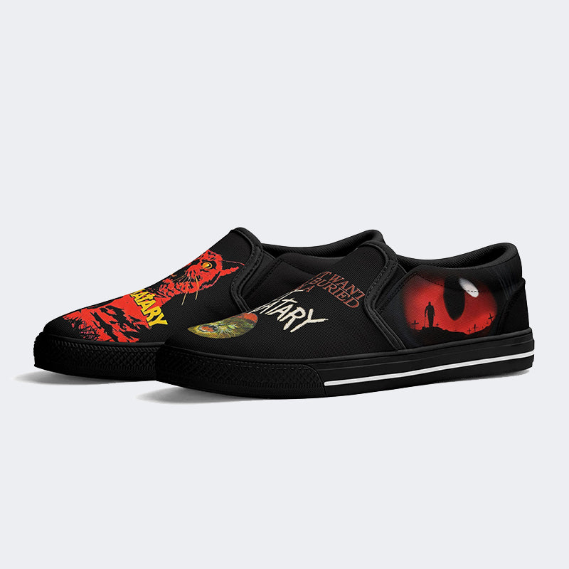 Unisex Retro PET SEMATARY Print - Slip On Shoes