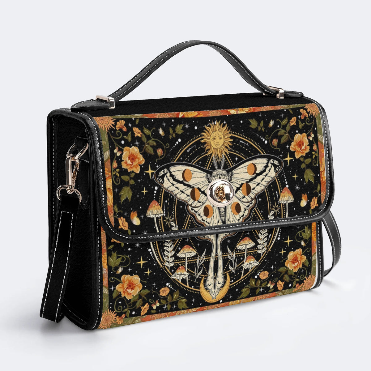 Retro Bohemian Sun Moon Star Moth - Leather Satchel Bag
