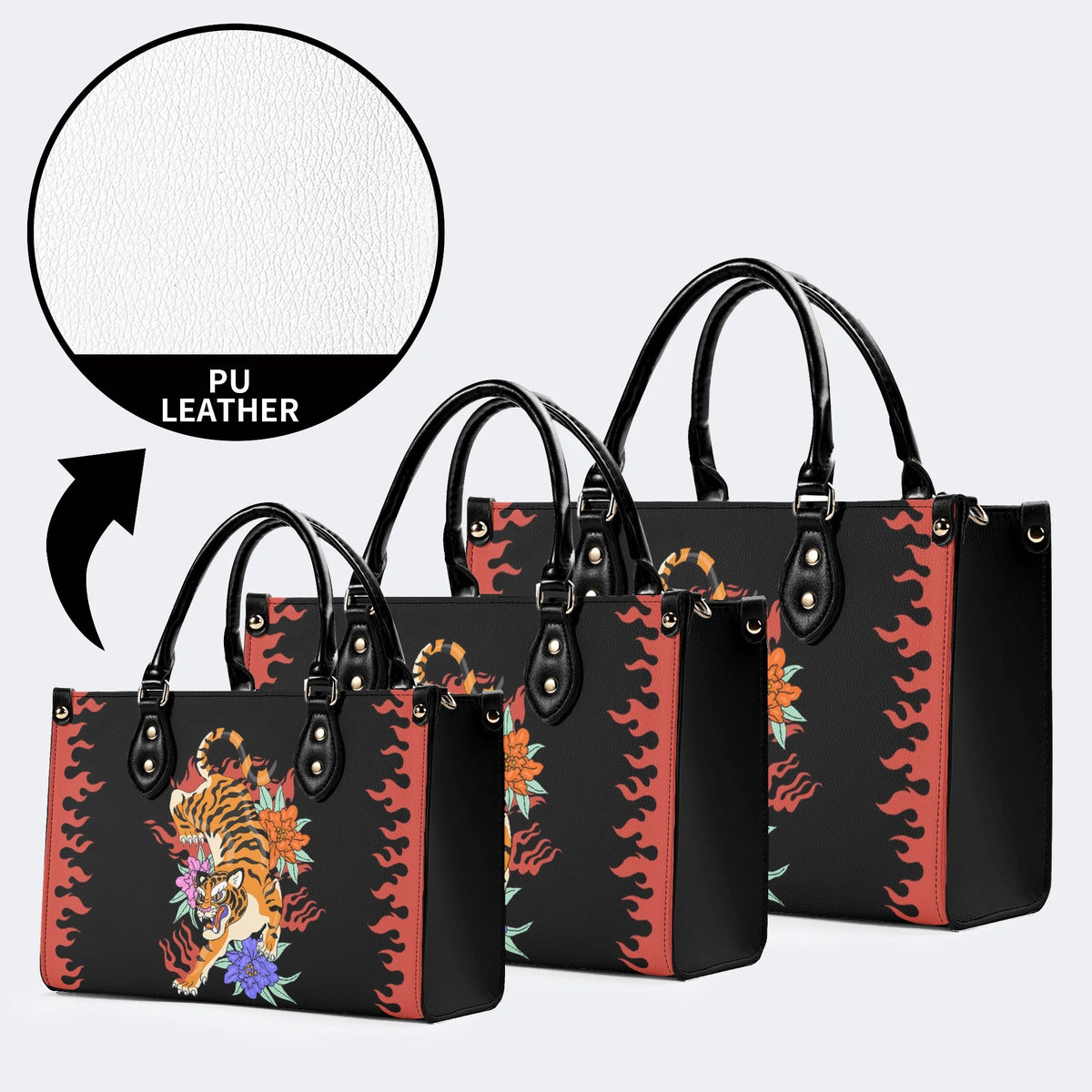 Old School Tiger and Flower Print - Leather Handbag