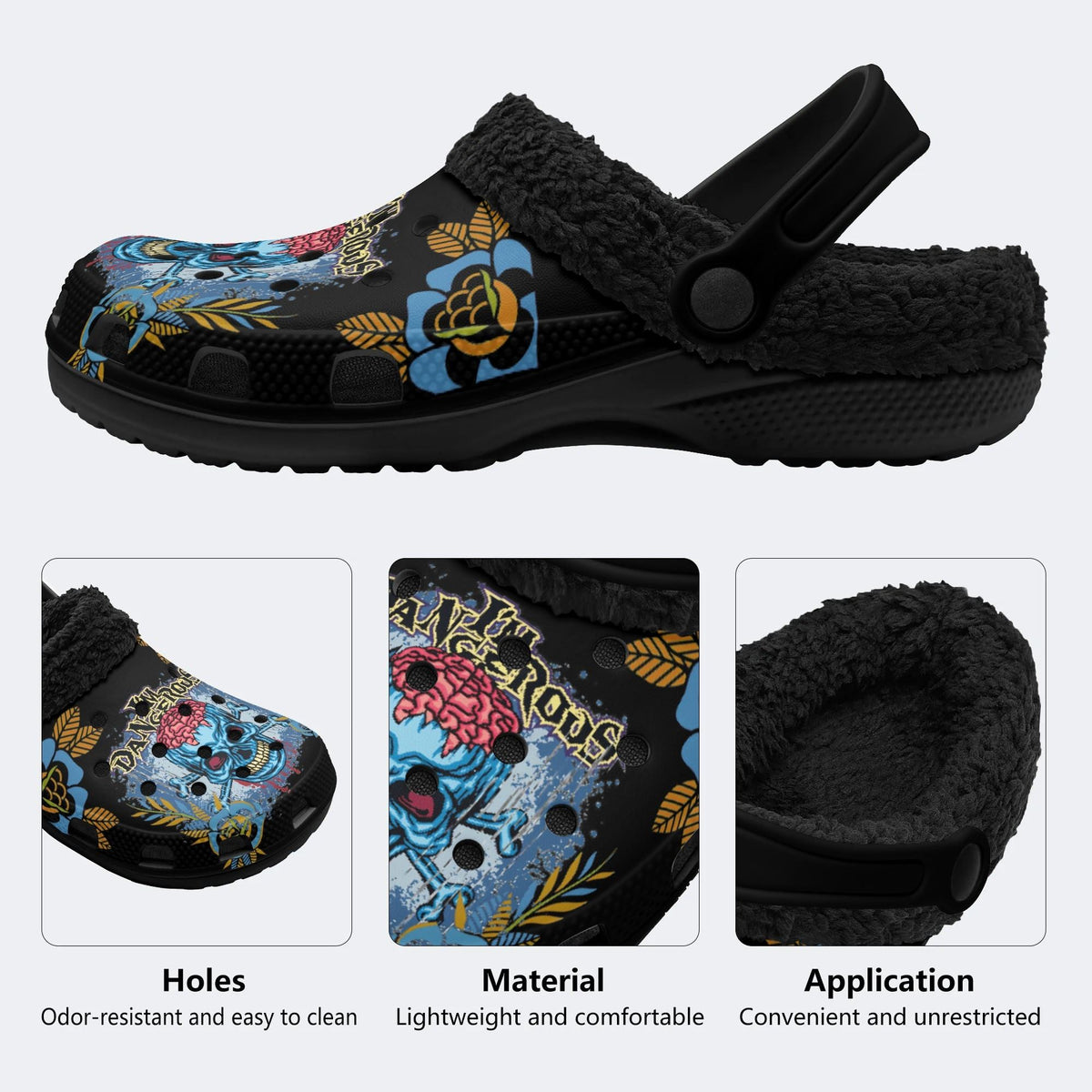 Skull&Bone Gothic Print - Fur Lined Slippers/Sandals