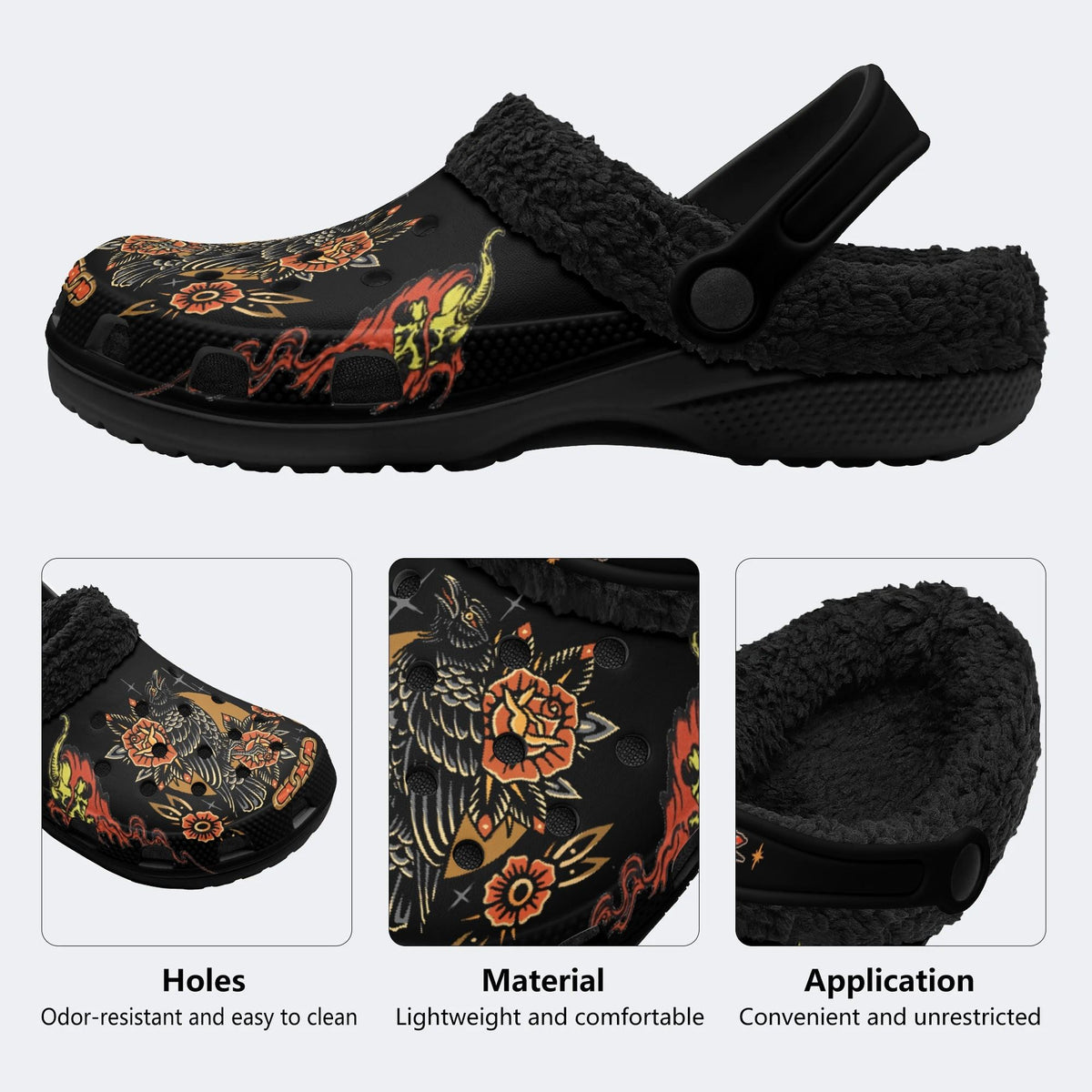 Old School Crow Rose Art Print - Fur Lined Slippers/Sandals