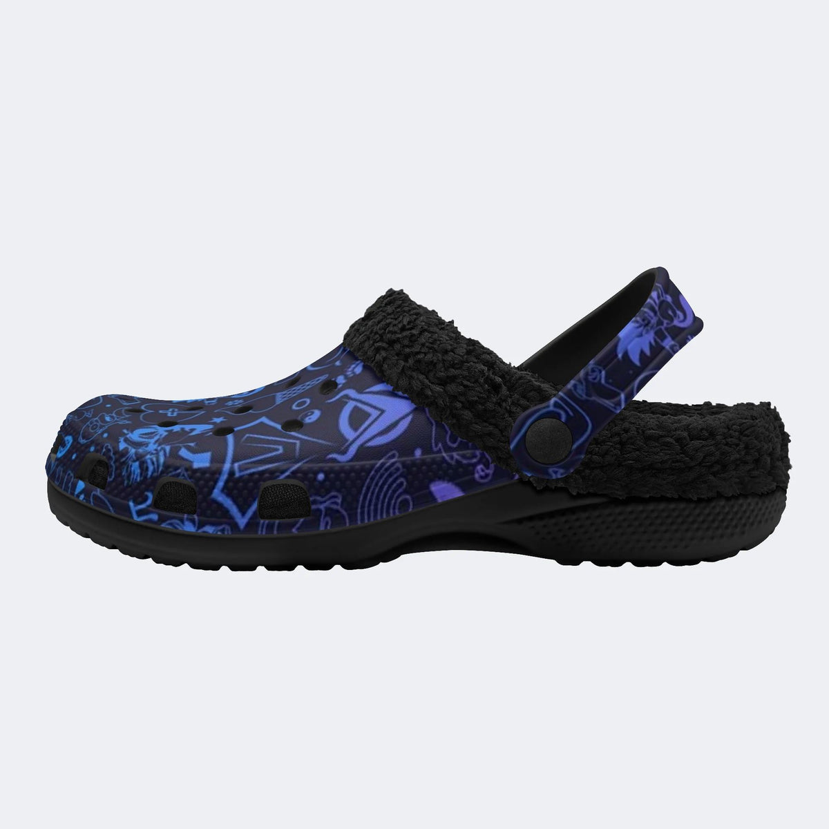 Playful Blue Icon Print - Fur Lined Slippers/Sandals