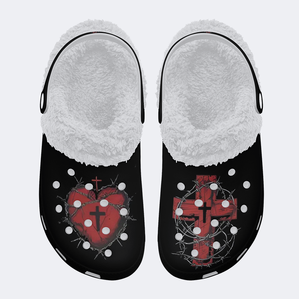 Cross&Heart Print - Fur Lined Slippers/Sandals