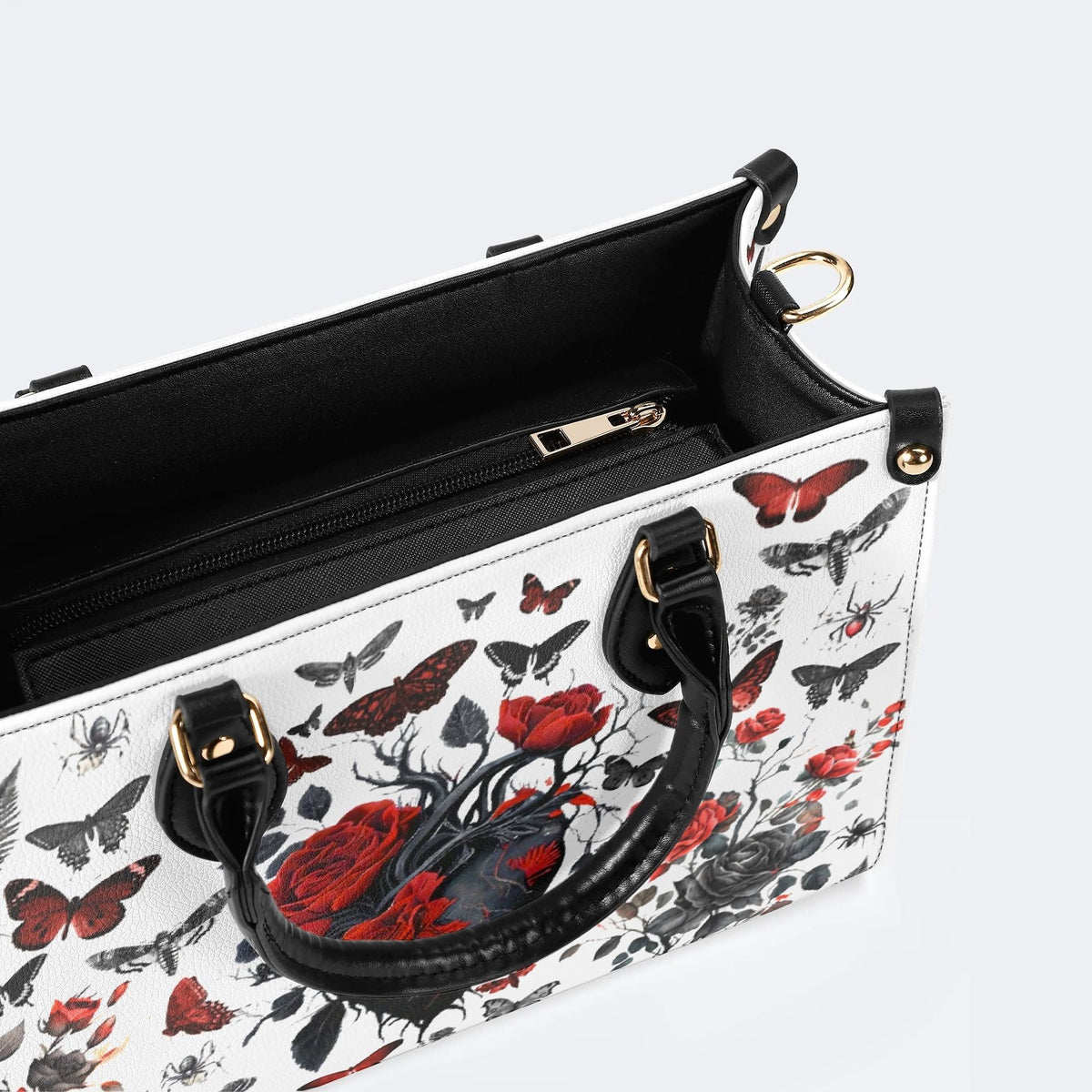 Heart Rose Butterfly Print - Leather Handbag