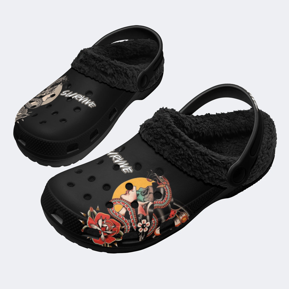 Snake&Figure&Letter&Floral Print - Fur Lined Slippers