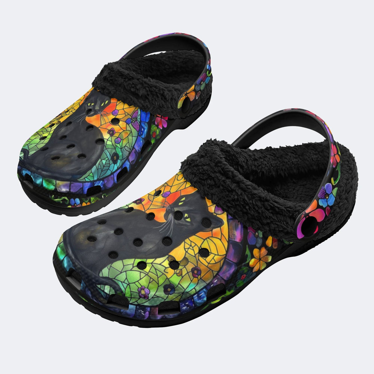 Colorful Glass And Black Cat - Fur Lined Slippers/Sandals