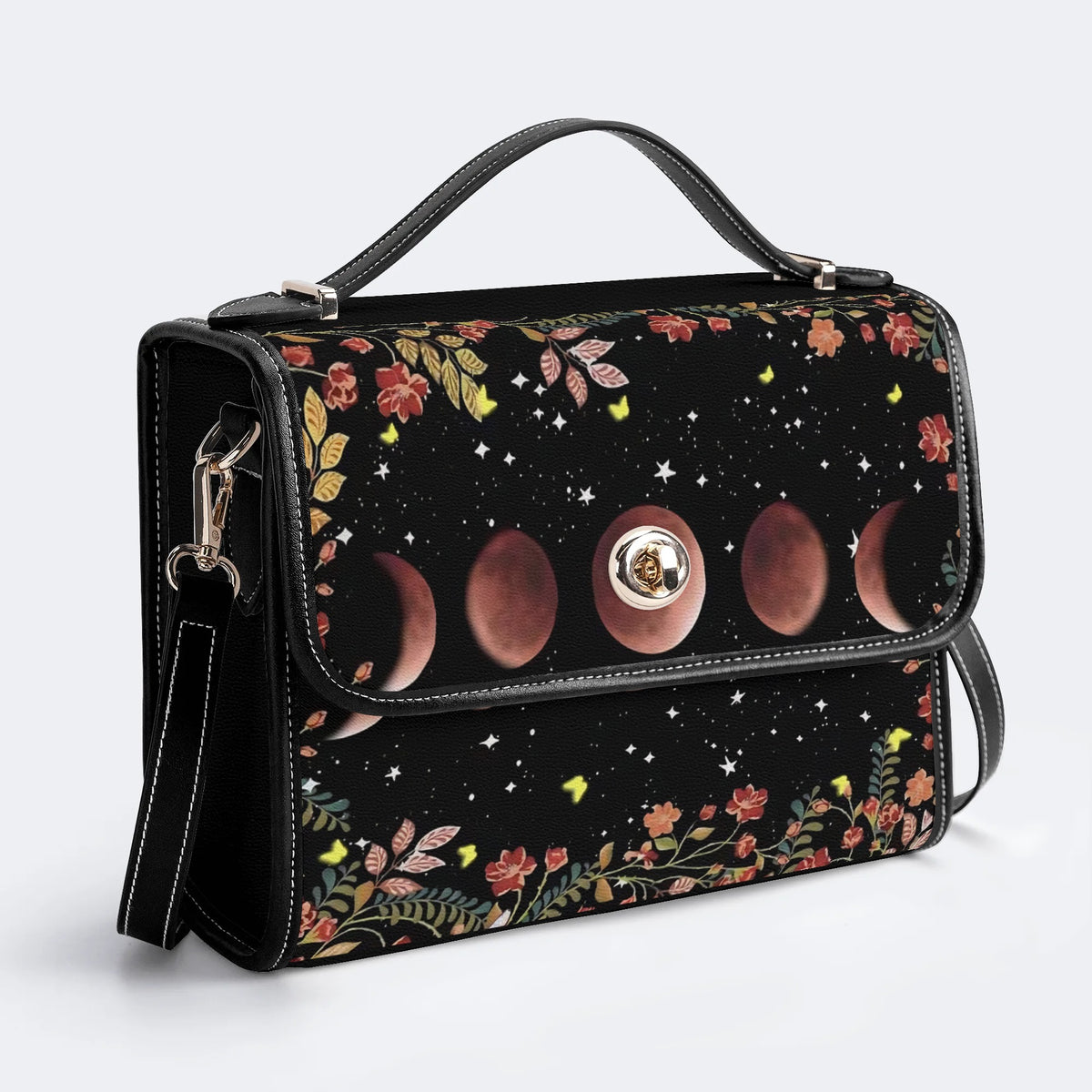 Night Sky Floral Vintage Print - Leather Satchel Bag