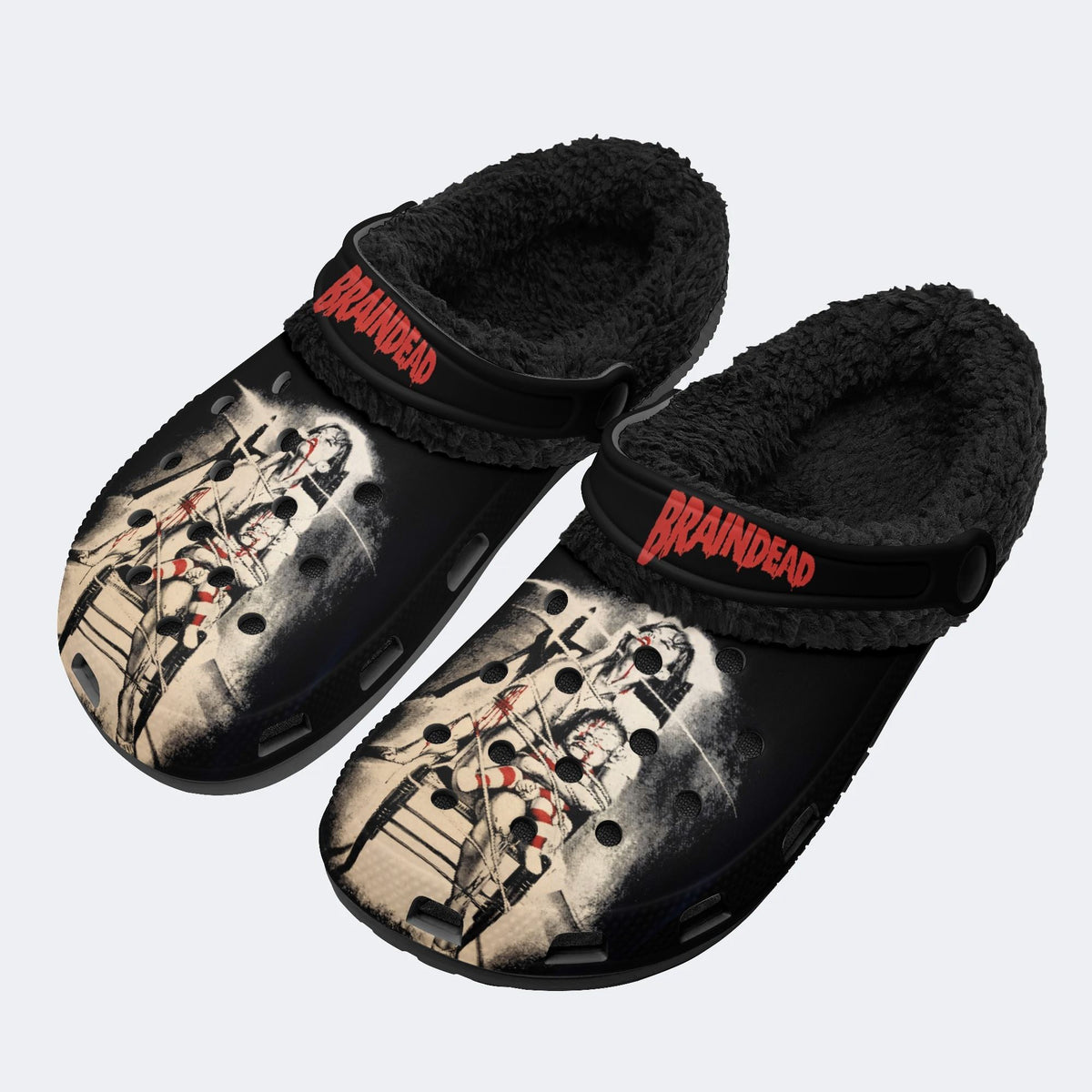 Horror Braindead Retro Print - Fur Lined Slippers/Sandals