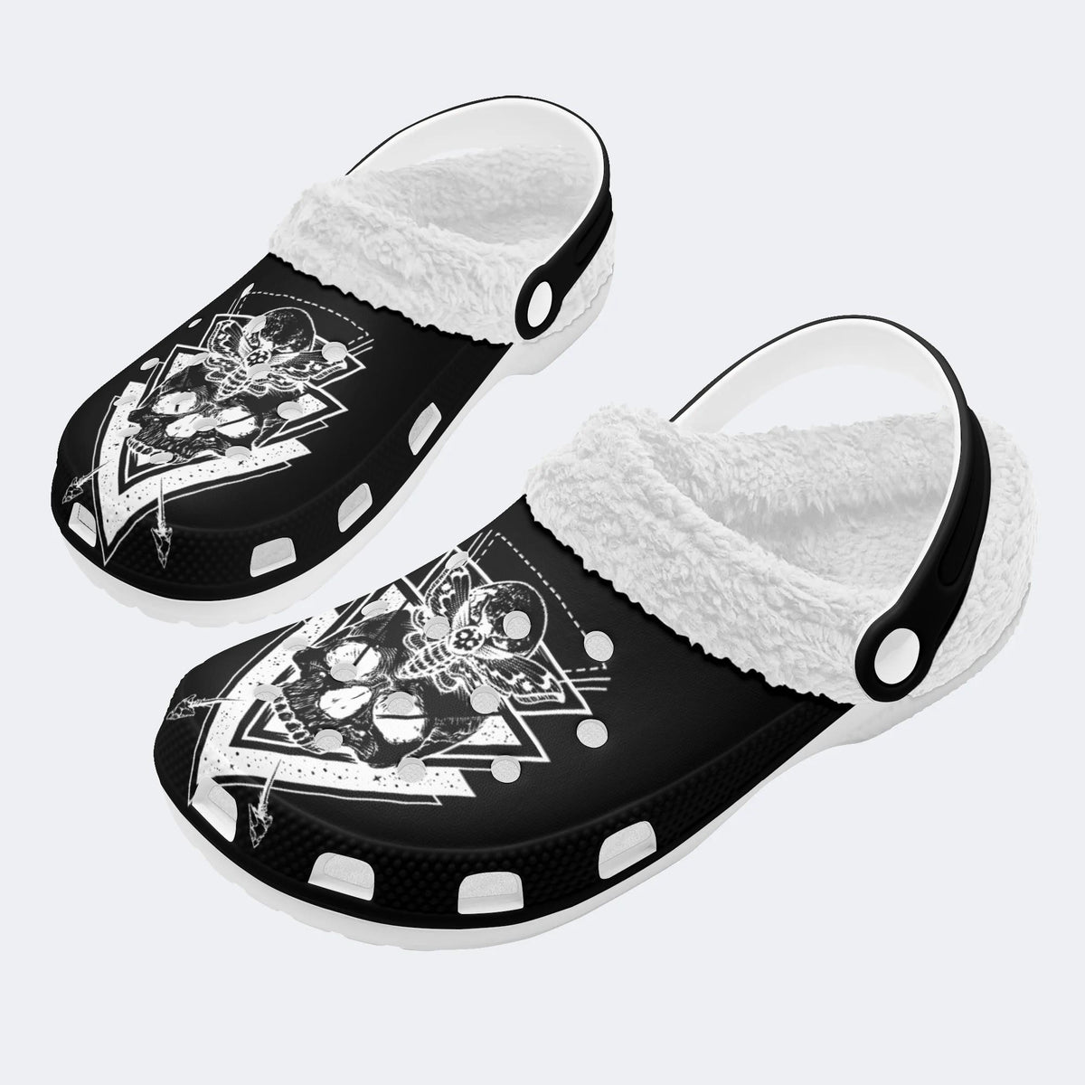 Classic Death Moth Skull Print - Fur Lined Slippers/Sandals