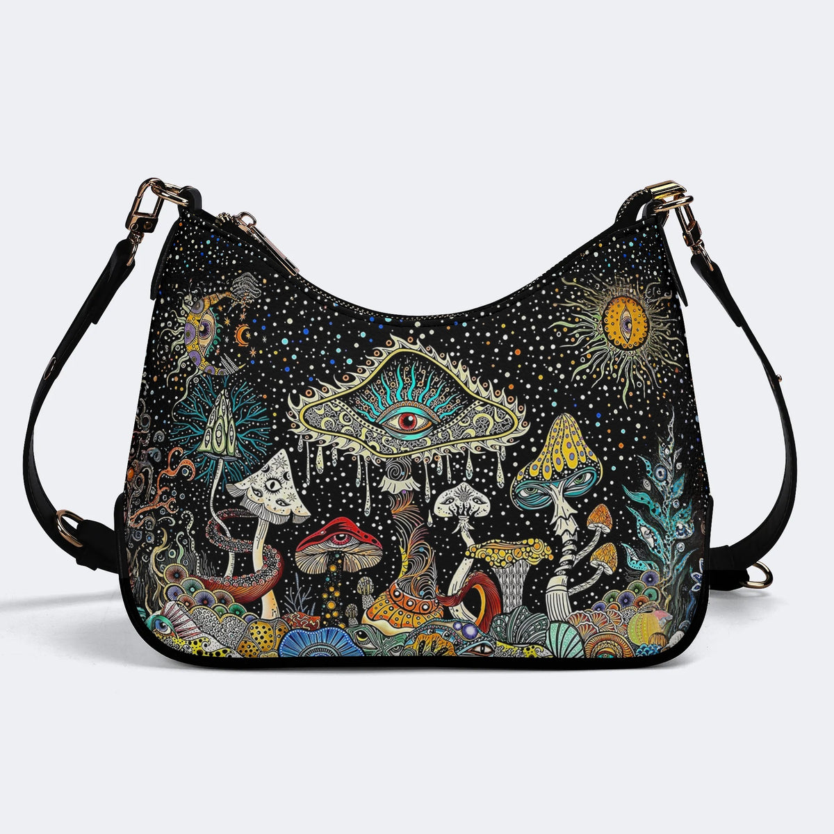 Retro Dark Mushroom Eyes Halloween Print - Leather Crossbody Bag