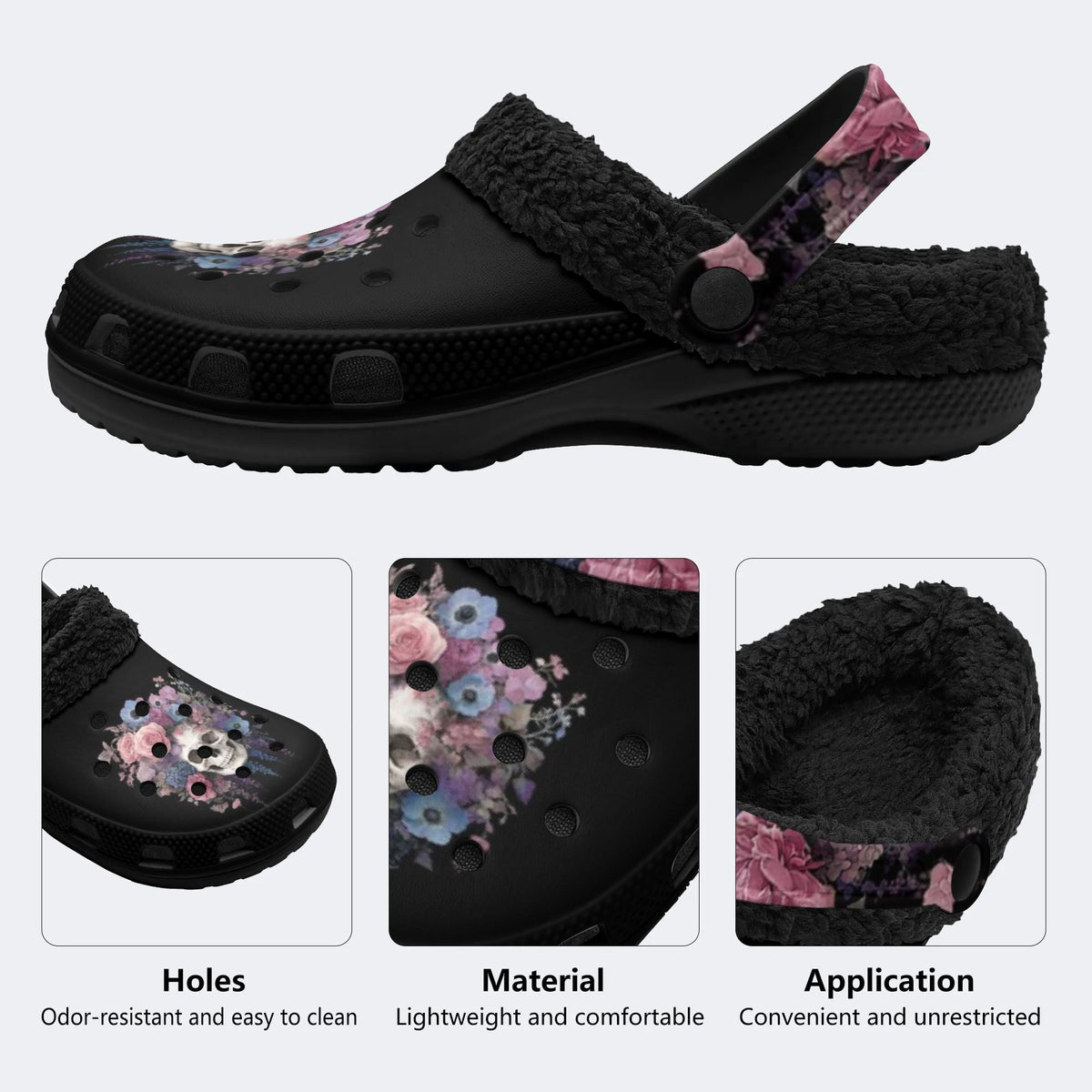Moody Floral Skull - Fur Lined Slippers/Sandals