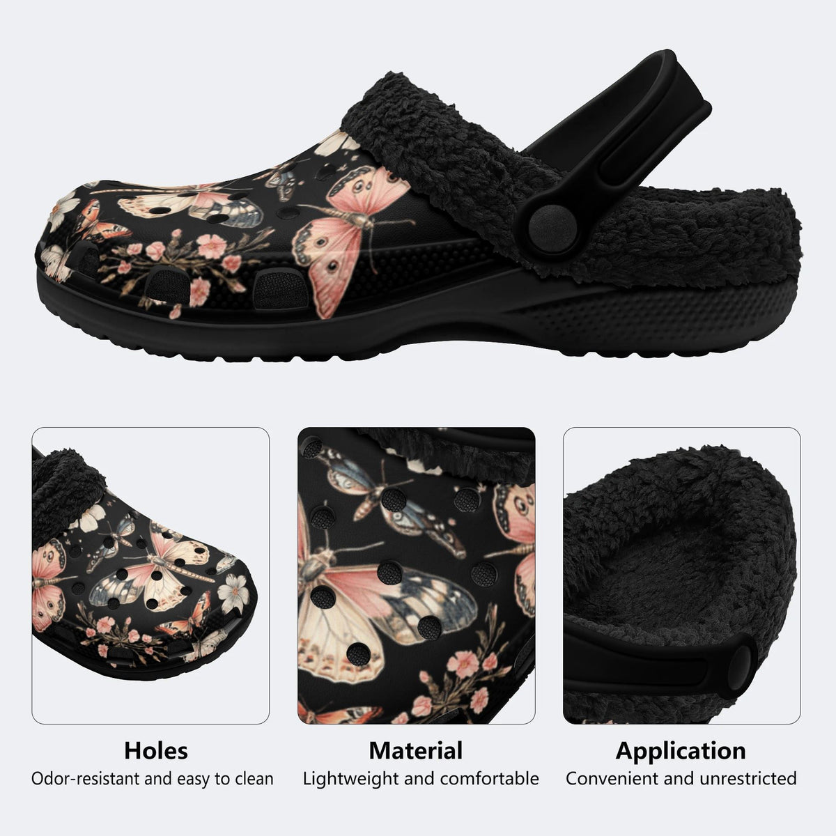 Vintage Butterfly Floral Print - Fur Lined Slippers/Sandals