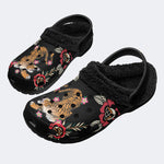 Tiger With Flowers Print - Fur Lined Slippers/Sandals