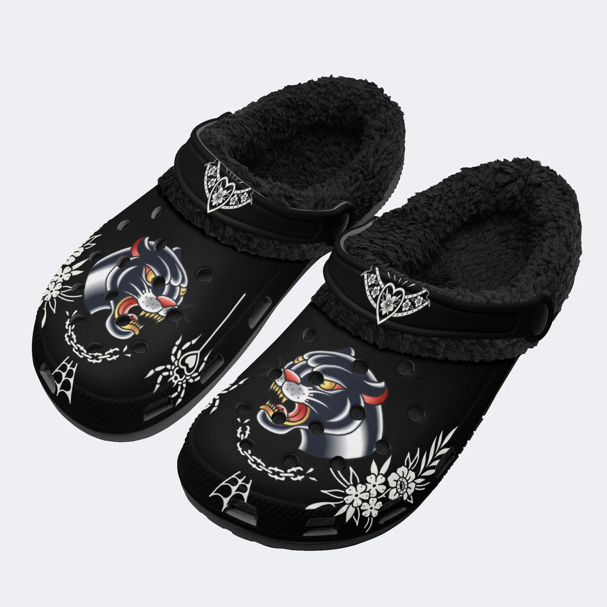 Angry Panther Print - Fur Lined Slippers/Sandals