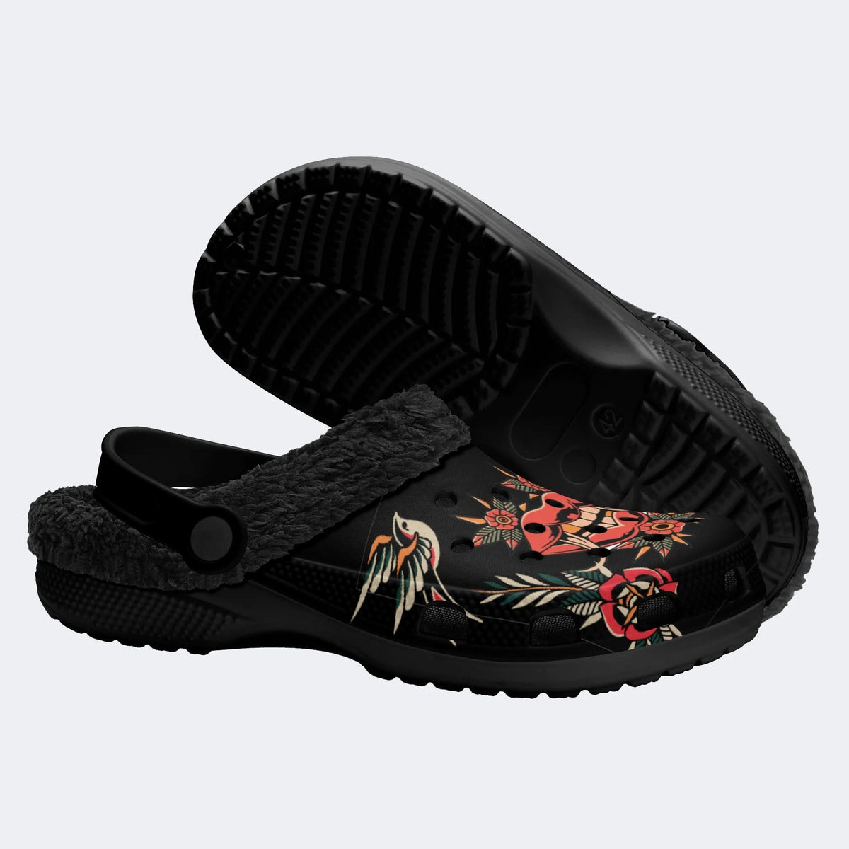 Old School Flowers Kiss Tattoo Print - Fur Lined Slippers/Sandals