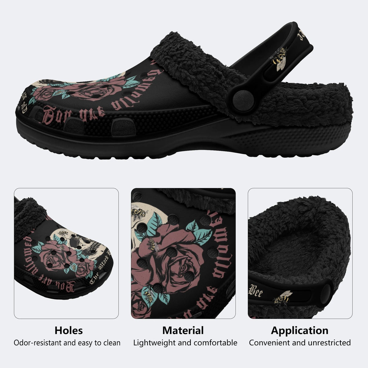 Gothic Skull Rose Bee - Fur Lined Slippers/Sandals