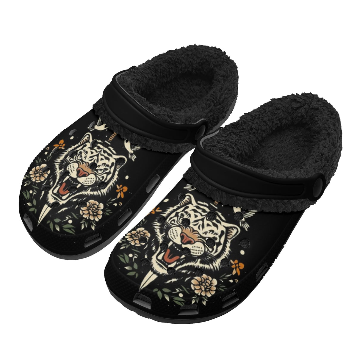 Personalized Name Sword And Tiger Print - Fur Lined Slippers/Sandals