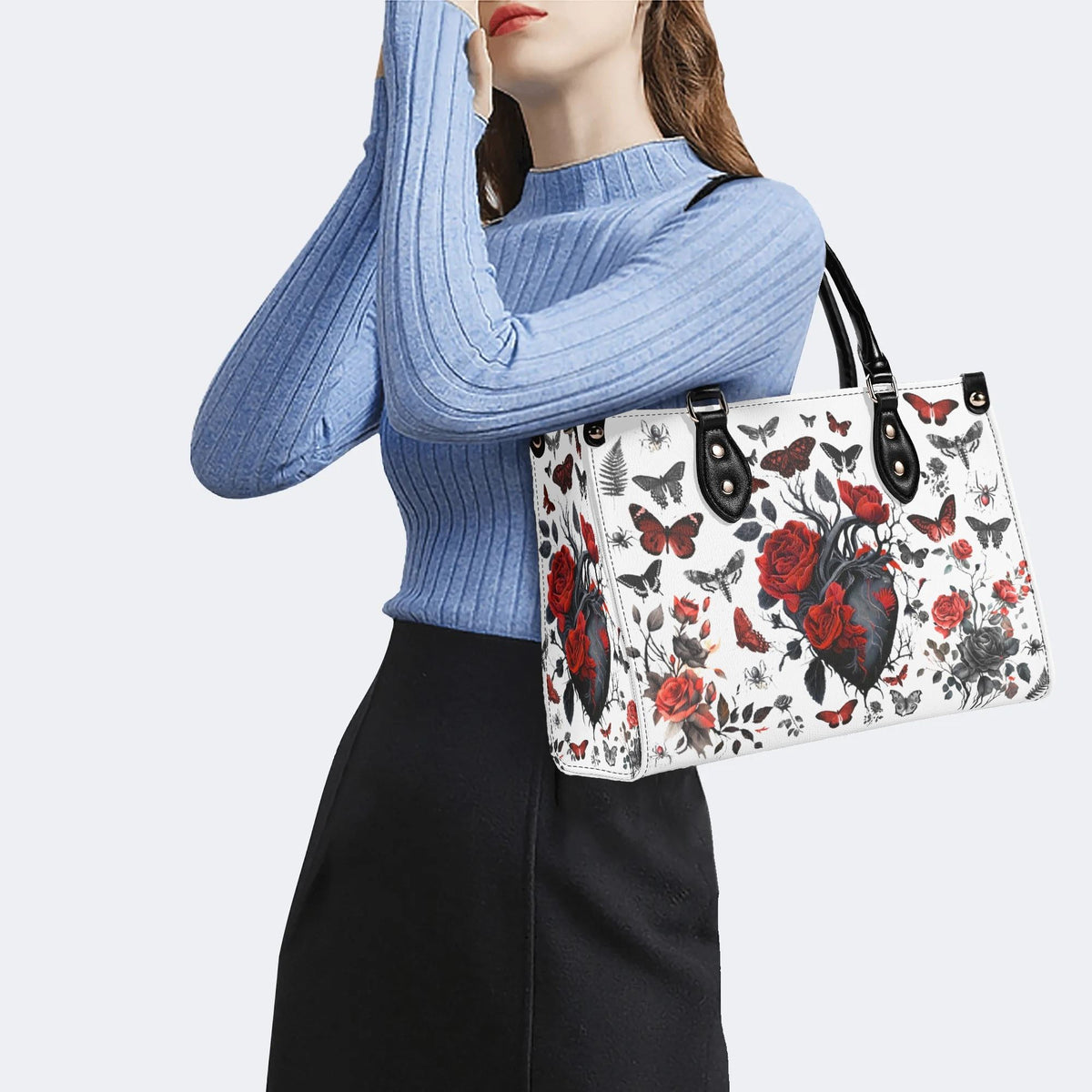 Heart Rose Butterfly Print - Leather Handbag