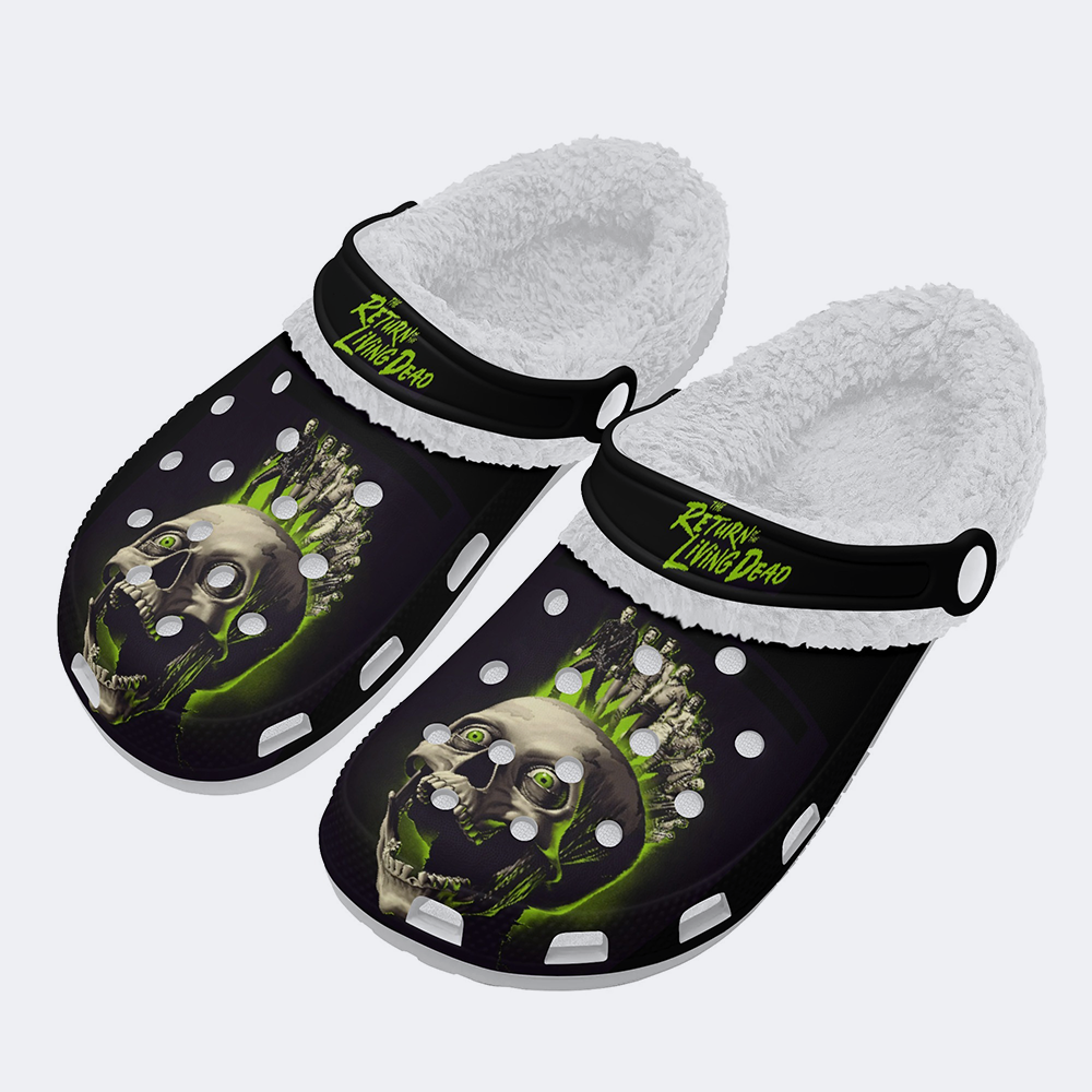 Unisex Green Skull Print - Fur Lined Slippers/Sandals