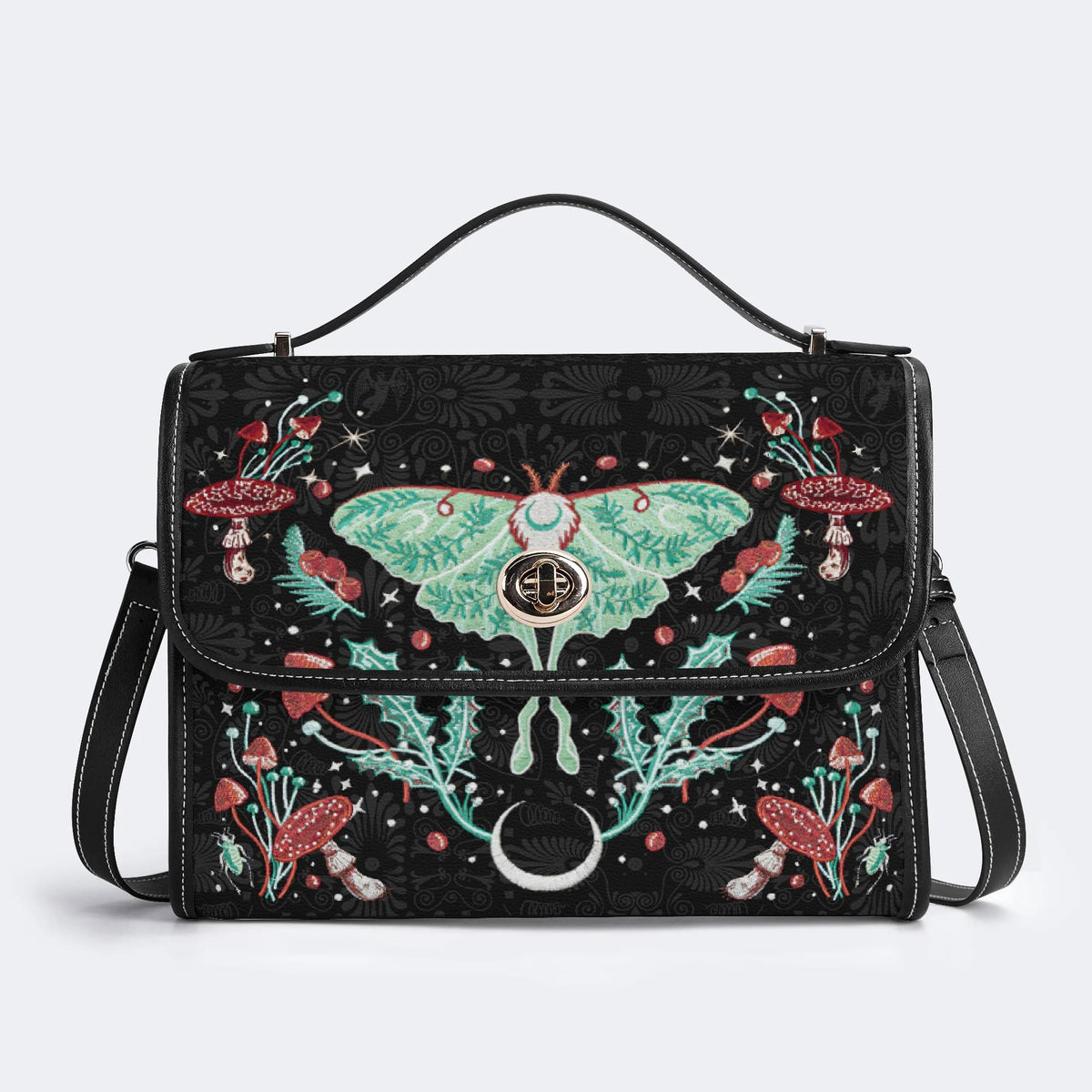 Green Moth In Mushroom Bush - Leather Satchel Bag