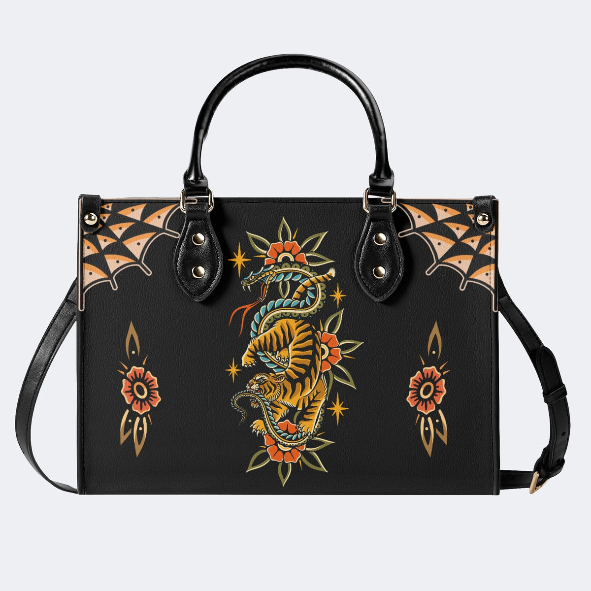 Vintage Snake And Tiger Print - Leather Handbag