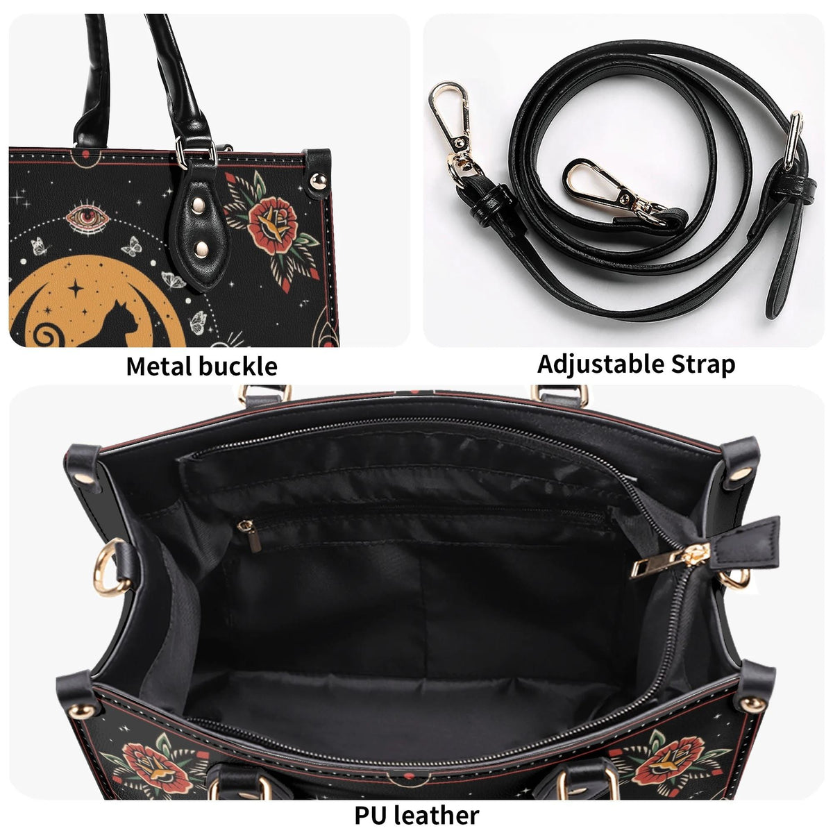 Vintage Cat And Moon Print - Leather Handbag