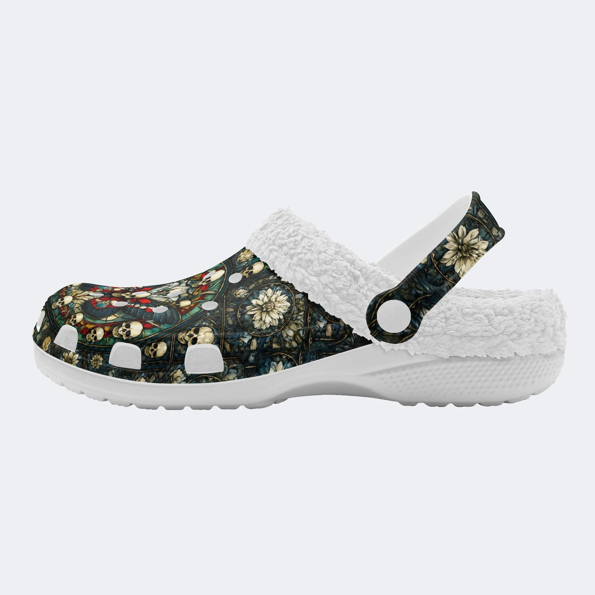 Skull And Moth Print - Fur Lined Slippers/Sandals