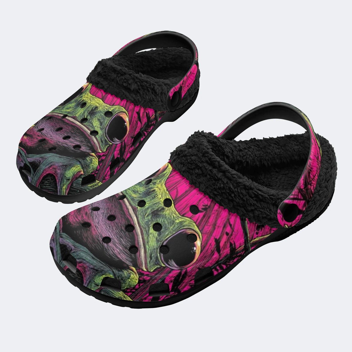 Neon Frog Print - Fur Lined Slippers/Sandals