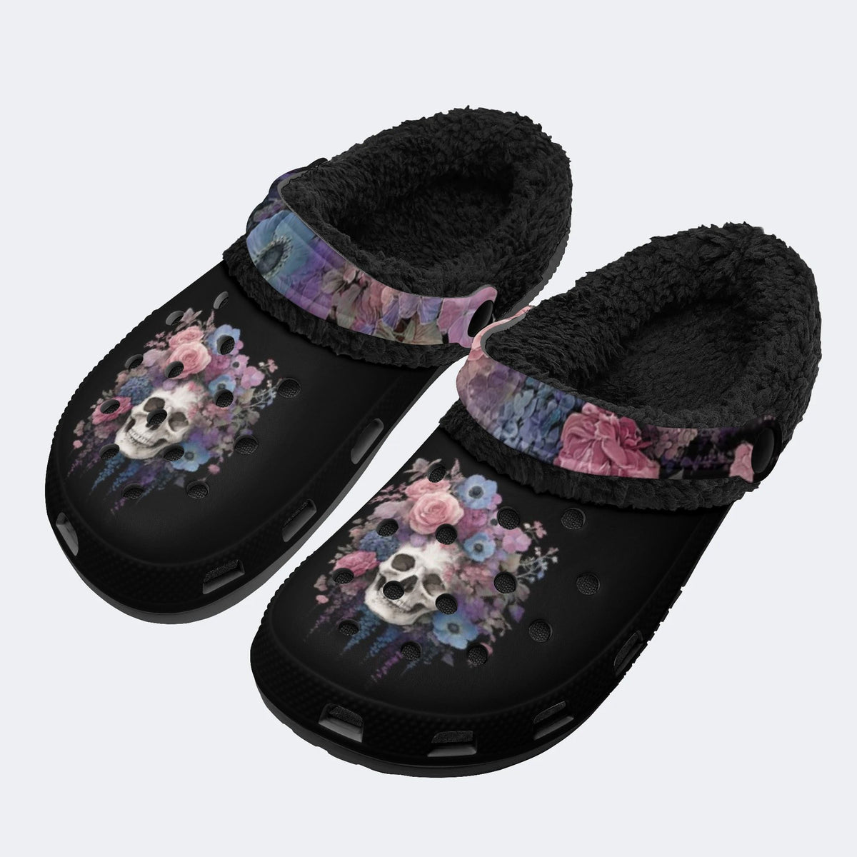 Moody Floral Skull - Fur Lined Slippers/Sandals