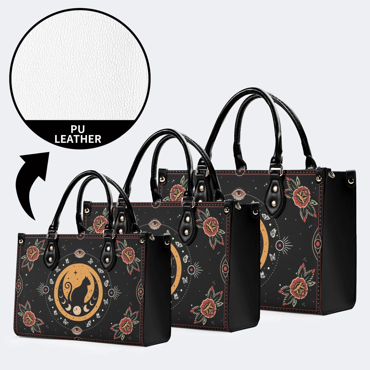 Vintage Cat And Moon Print - Leather Handbag