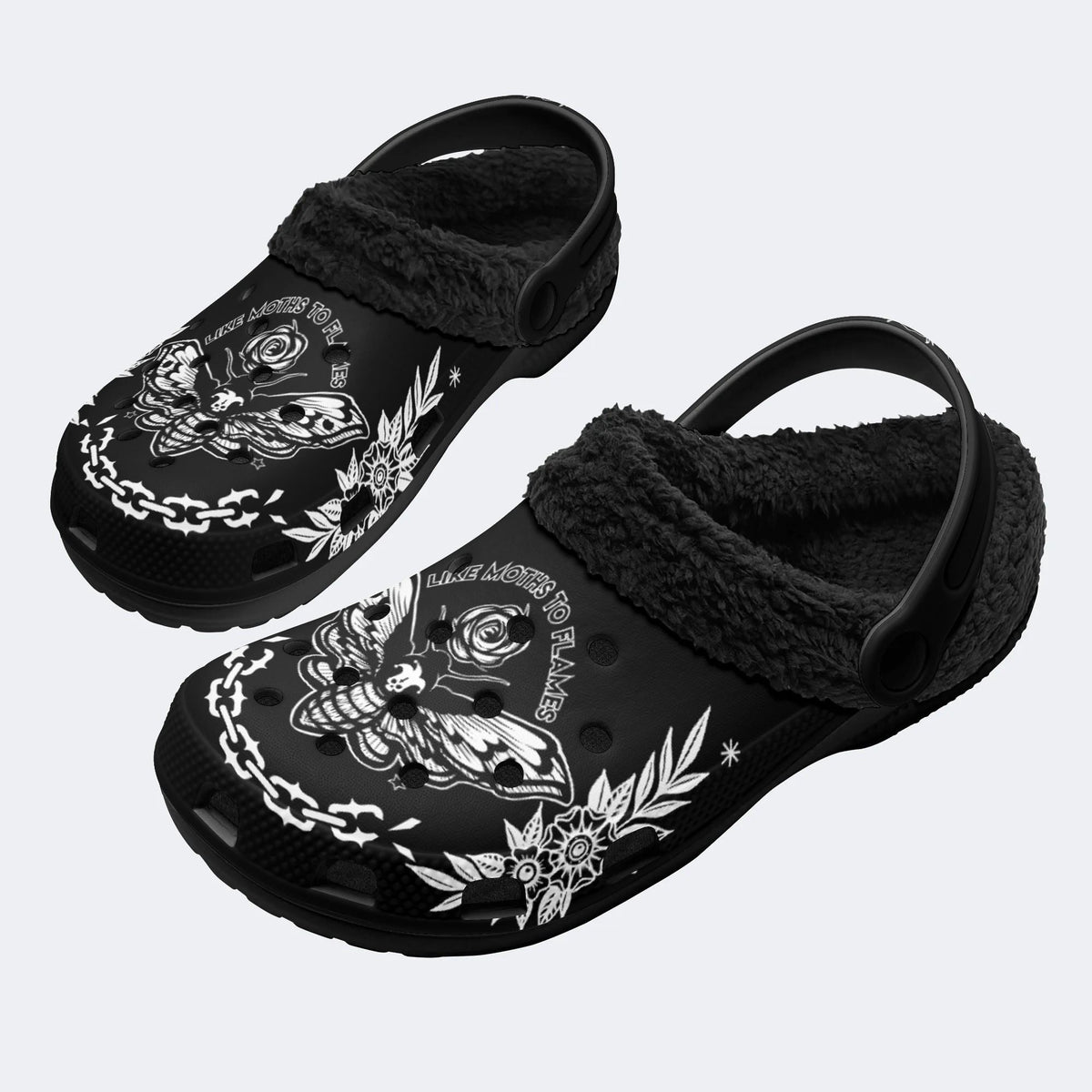 Rose Death Moth Vintage Print- Fur Lined Slippers/Sandals