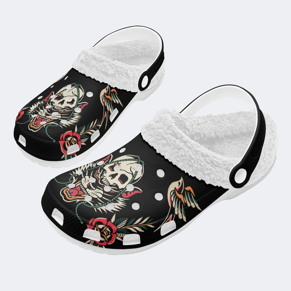 Skull Wolf Print - Fur Lined Slippers/Sandals